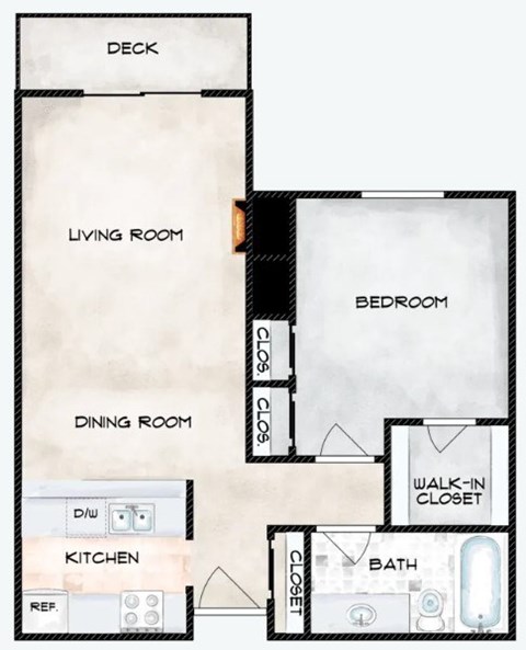 A floor plan of a small apartment with a kitchen, living room, dining room, bedroom, and bathroom.